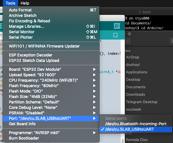 screenshot of Arduino window with menu Tools-Port-SLAB_USBtoUART selected