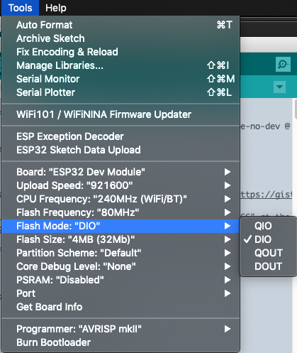 Screenshot of board settings under > Tools in Arduino window