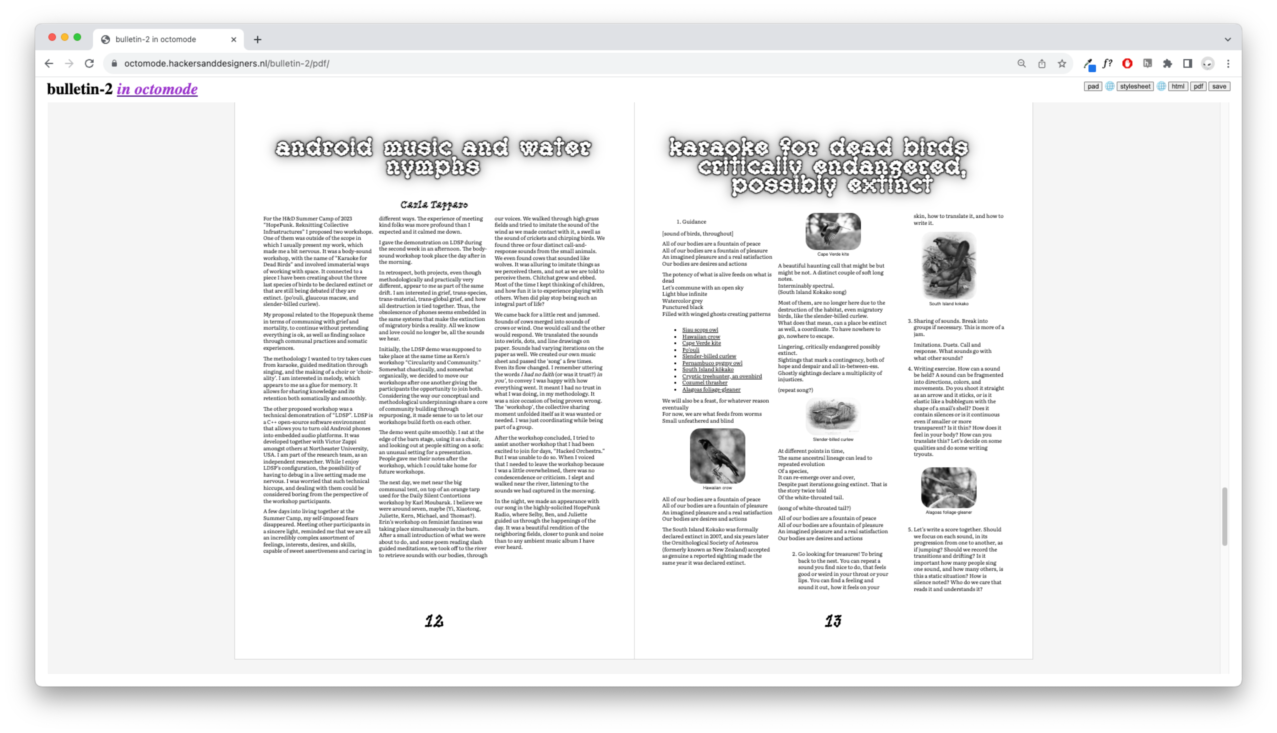 A double page of the H&D Bulletin #2 rendered in the browser. On view is the contribution of Carla Tapparo "Android Music and Water Nymphs" in the left page and "Karaoke for dead birds — Critically endangered, possibly extinct" on the right page. The text is designed in a 3 column layout. On the right page there are images of small birds scattered throughout the text.