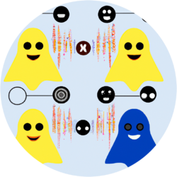 An abstract illustration of 4 figures in the shape of an emoji-ghost hybrid