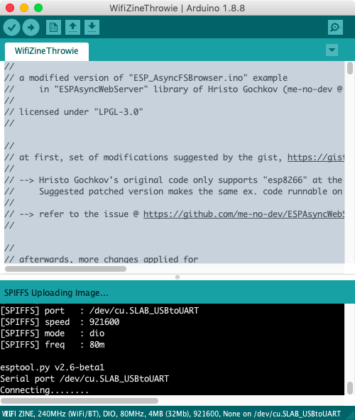 screenshot of arduino software with the WifiZineThrowie sketch open and output window saying SPIFFS uploading image…
