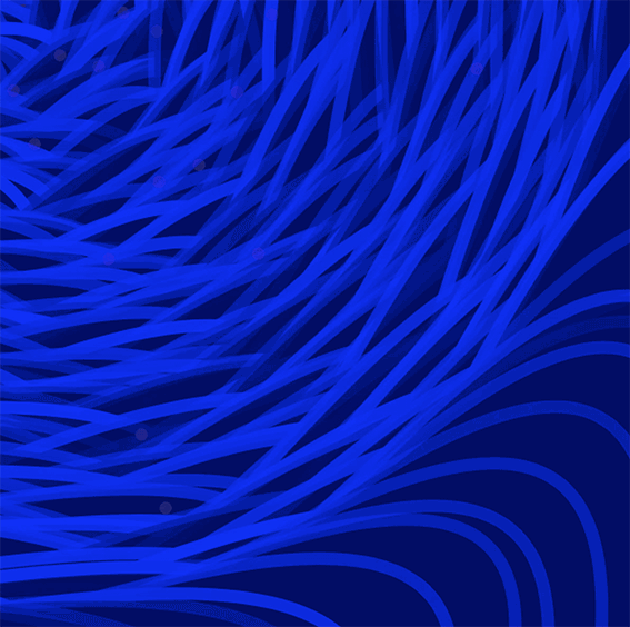 Image description: A screenshot of a p5js sketch shows blue waves rolling in a circular motion, overlapping, curving with slight randomness.