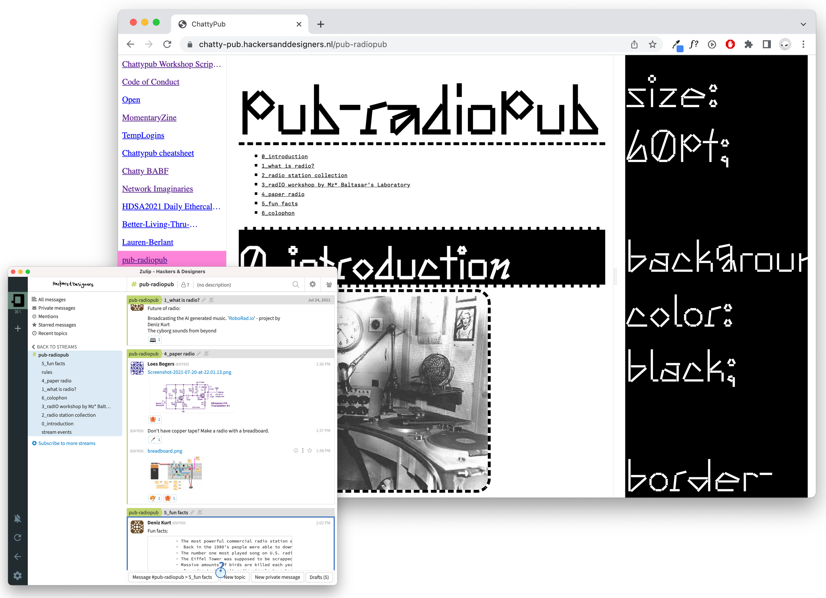 Imgage: Zine designed by Petra Eros, Deniz Kurt, Loes Bogers in ChattyPub to document the Radio-making workshop and workshop script hosted Mz* Baltazar's La during the H&D Summer Academy 2021.