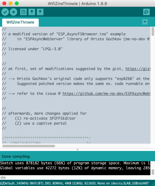 Screenshot of Arduino window with “done compiling” message in the bottom bar of the window