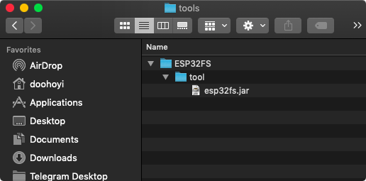 Screenshot of finder wiindow open at tools, showing filepath - ESP32FS - tool - esp32fs.jar