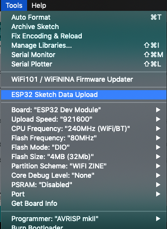 Screenshot of Arduino window with menu open at - Tools - ESP32 Sketch Data Upload