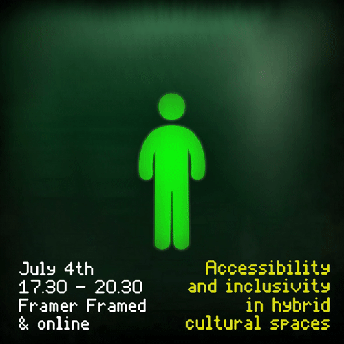 Animation of an abstract icon of a human being transitioning between different disabilities until it reaches the shape of a human on a wheelchair, actively leaning forwards, which is then flipped over and takes the shape of a question mark. The animation plays forwards and backwards in loop. The text on the animation reads "Where is Every Body? July 4th, 17:30 - 20:30, Framer Framed and Online, Accessibility and inclusivity in hybrid cultural spaces."