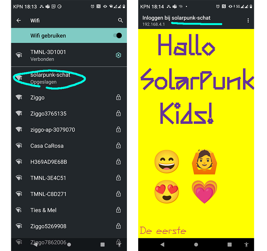 LEFT - screenshot of android phone open at wifi menu, showing all the available networkds, with network solarpunk-schat highlighted. RIGHT - screenshot of pop-up window displaying the website contents of the html file we made