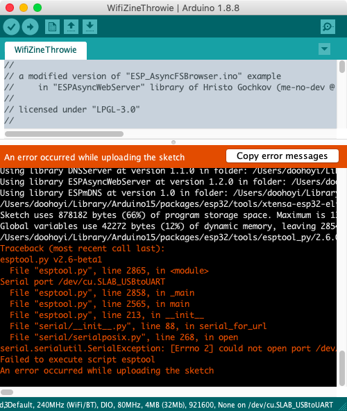arduino window with an orange error message