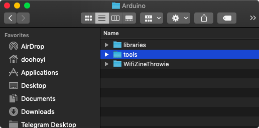 Screenshot of finder window open at Arduino, showing subfolders tools