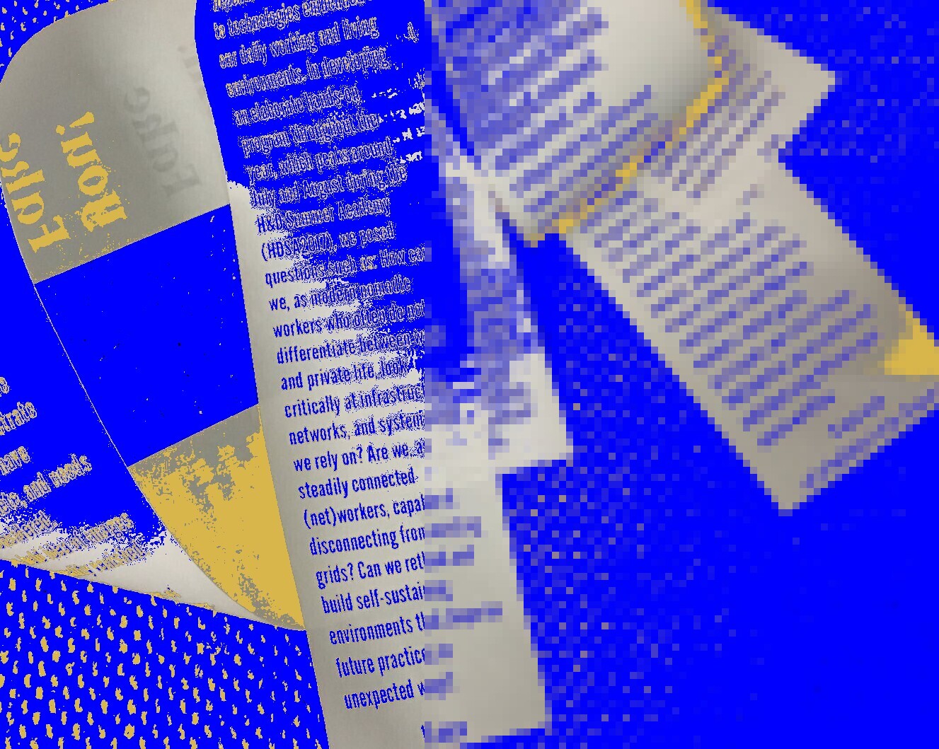 ID: Floating receipts with printed text, appear in an organized but messy arrangement against a contrasting blue background. The image is slightly distorted and pixelated, with a blurred effect on the right half of the image.